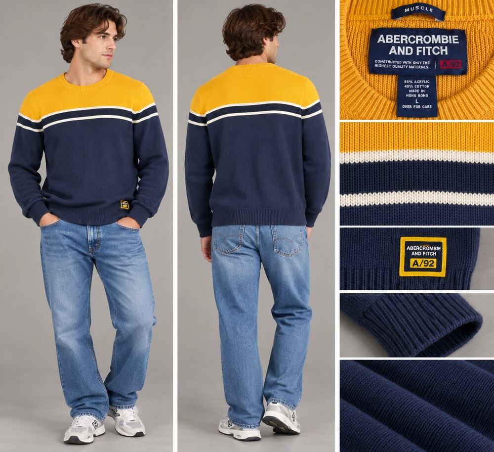 Abercrombie Fitch A92 Mens L Muscle Fit Sweater Navy Yellow Colorblock Preppy
